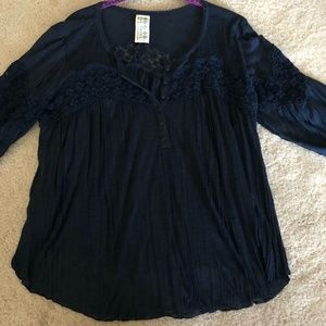 VINTAGE FREE PEOPLE EMBROIDERED TOP, NAVY, SZ M
